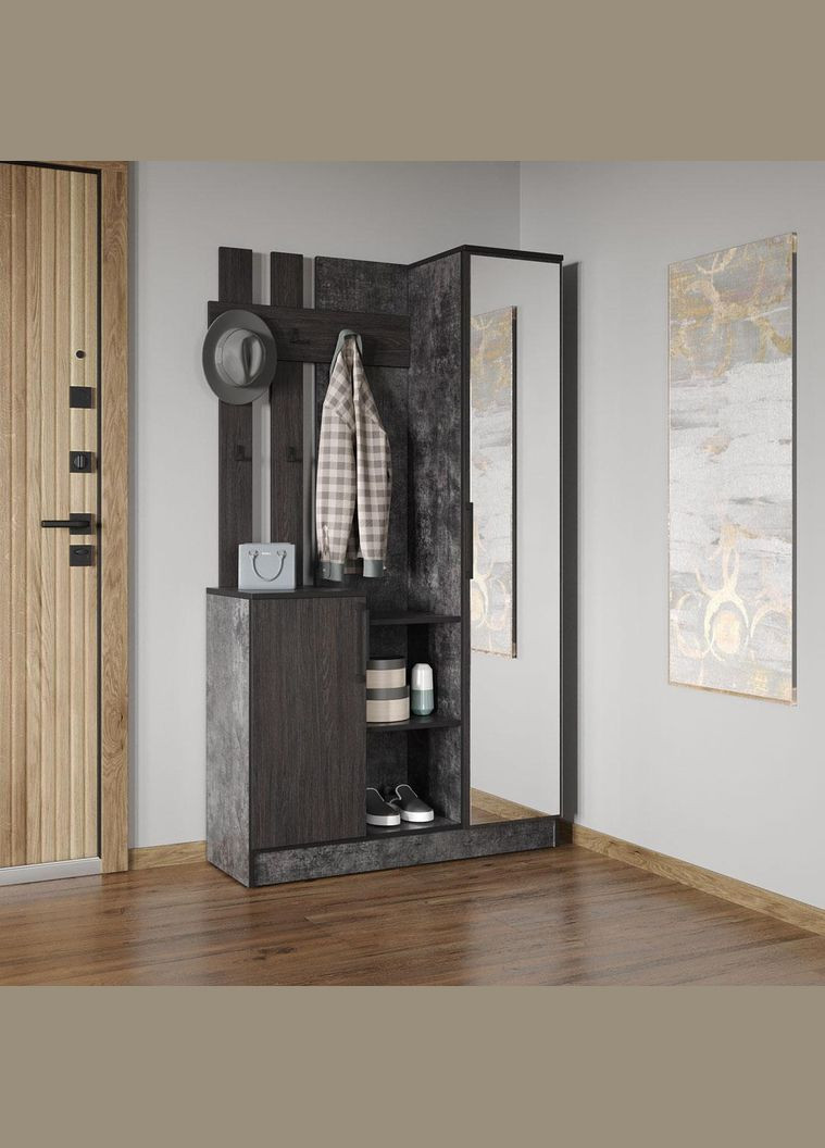 Cтильна прихожа з дзеркалом, дверцятами та крючками для одягу від KO-0004 Бетон Темний/Венге темний MORELI (361035135)