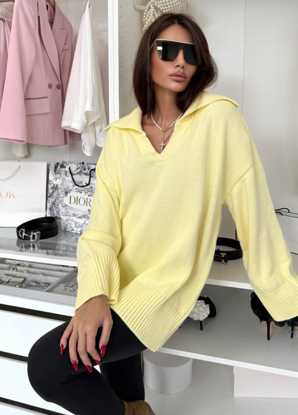 Желтый демисезонный изысканный повседневный вязаный демисезонный оверсайз свитер с отложным воротником Allthings