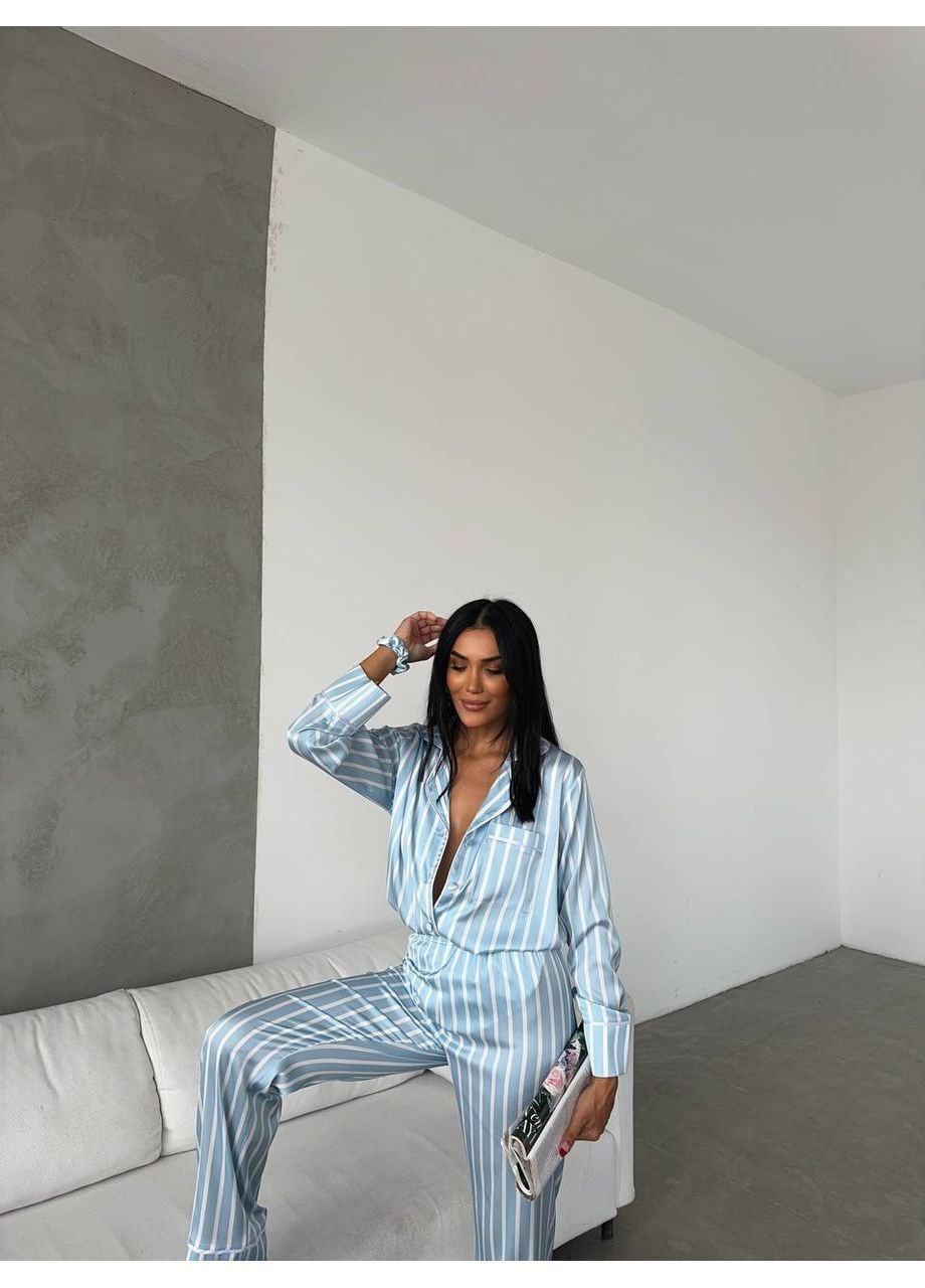 Голубая всесезон женская пижама | голубая полоска рубашка + брюки Vital-Textile 1263