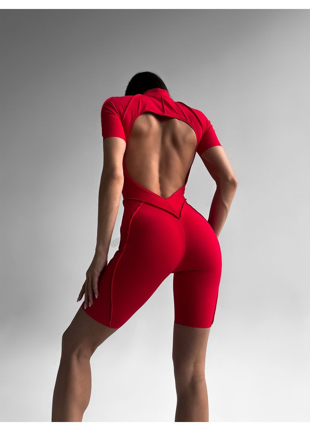 Комбінезон жіночий спортивний для фітнесу на застібці з відкритою спинкою та зовнішніми швами Sculpt Line FITCRUSH червоний