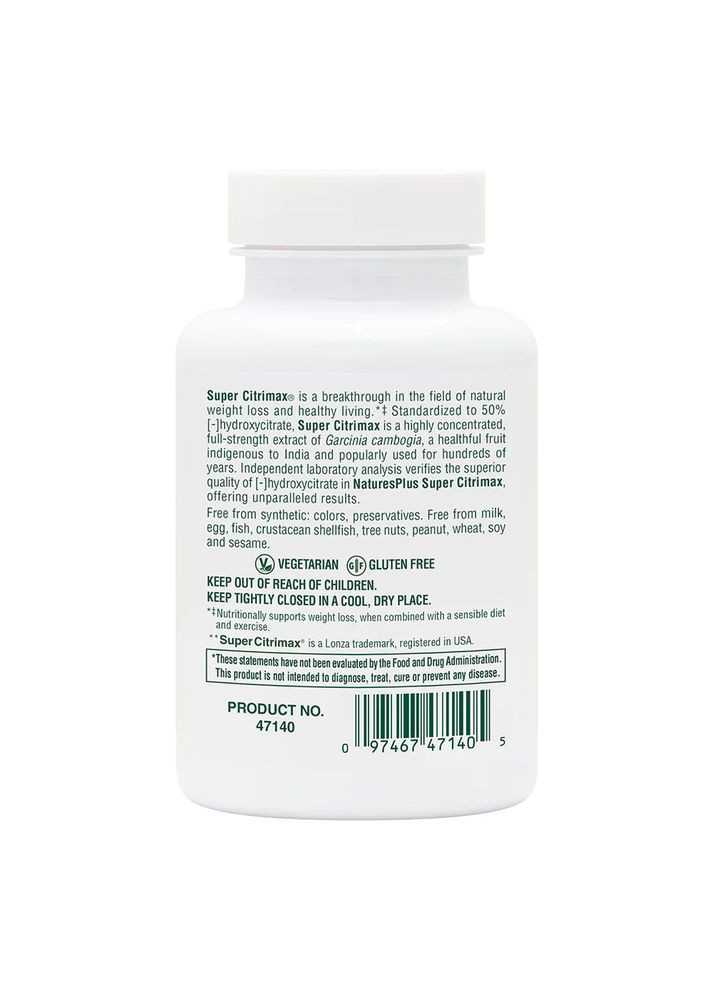 Екстракт камбоджійської гарцинії Super Citrimax 1000 mg, 60 таблеток Natures Plus (333994237)
