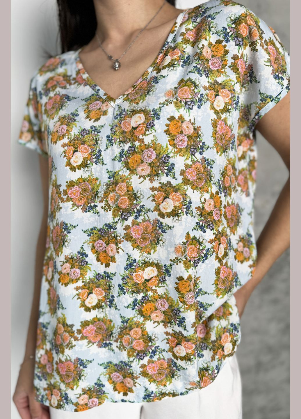 Комбінована літня повсякденна стильна жіноча блуза у квітковий принт INNOE Блуза