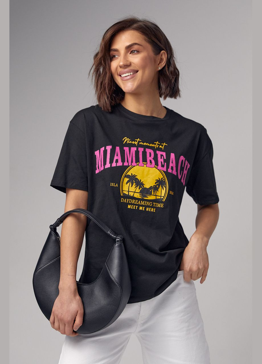 Черная летняя трикотажная футболка с принтом miami beach 22813 с коротким рукавом Lurex