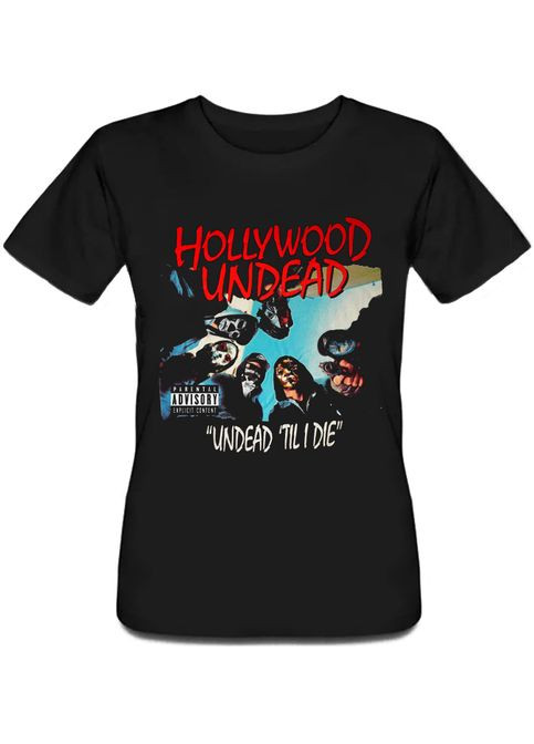 Черная летняя женская футболка hollywood undead - till i die (чёрная) Fat Cat