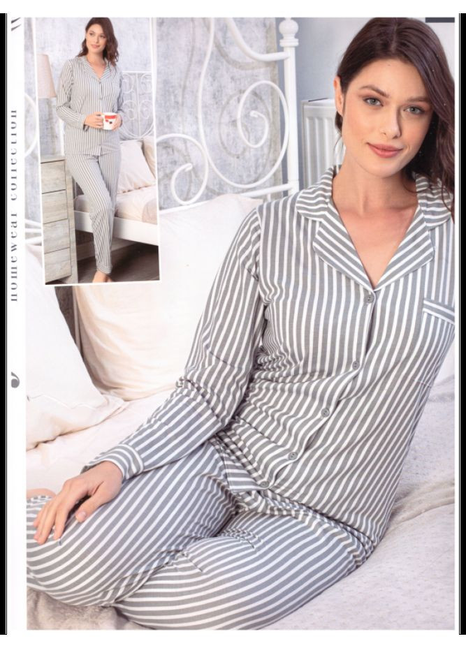 Серая всесезон женская пижама с рубашкой и штанами в полоску рубашка + брюки No Brand