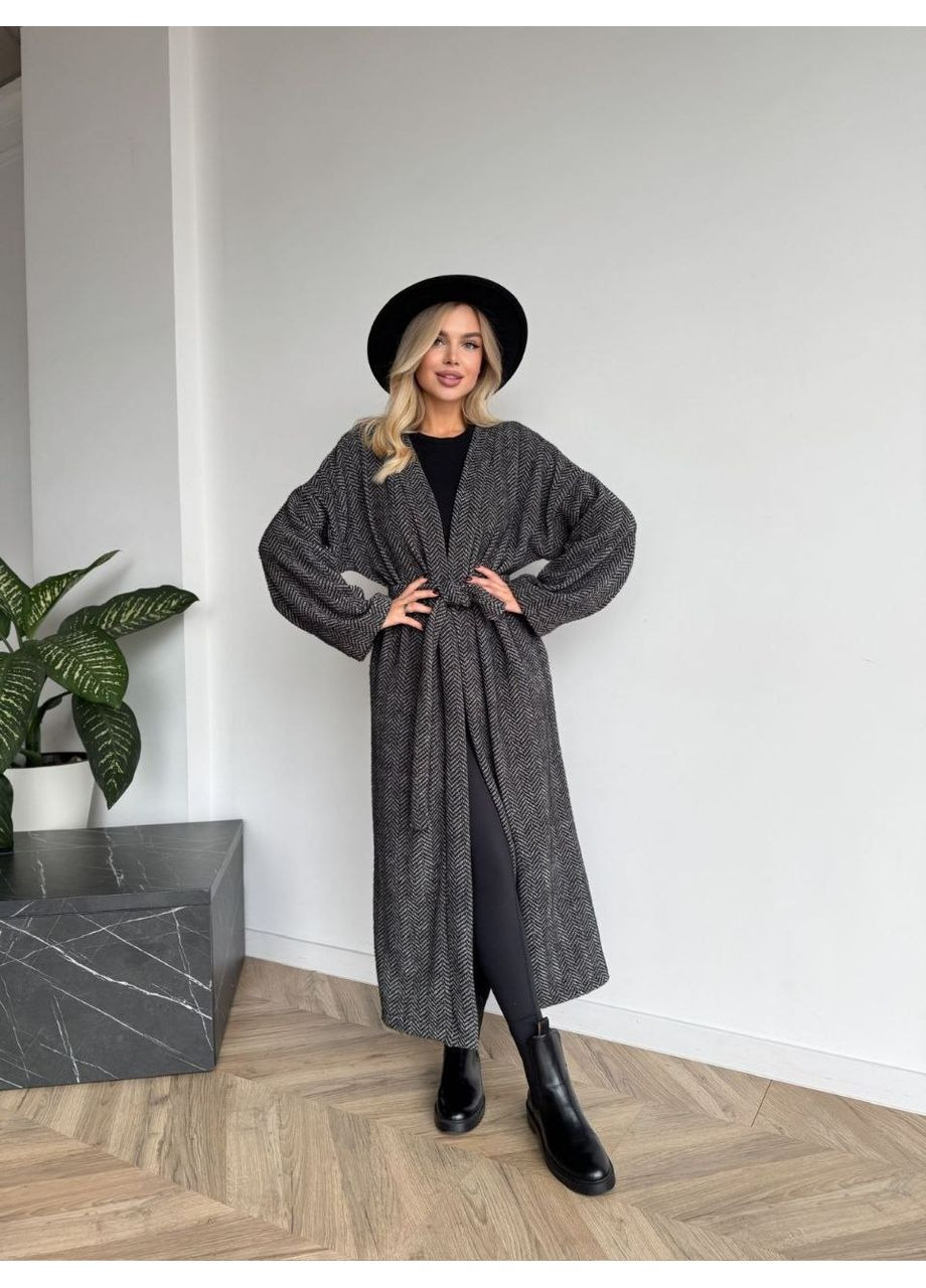 Жіночий довгий кардиган з поясом та кишенями чорно-бiлого кольору 35242 Fashion (363850747)