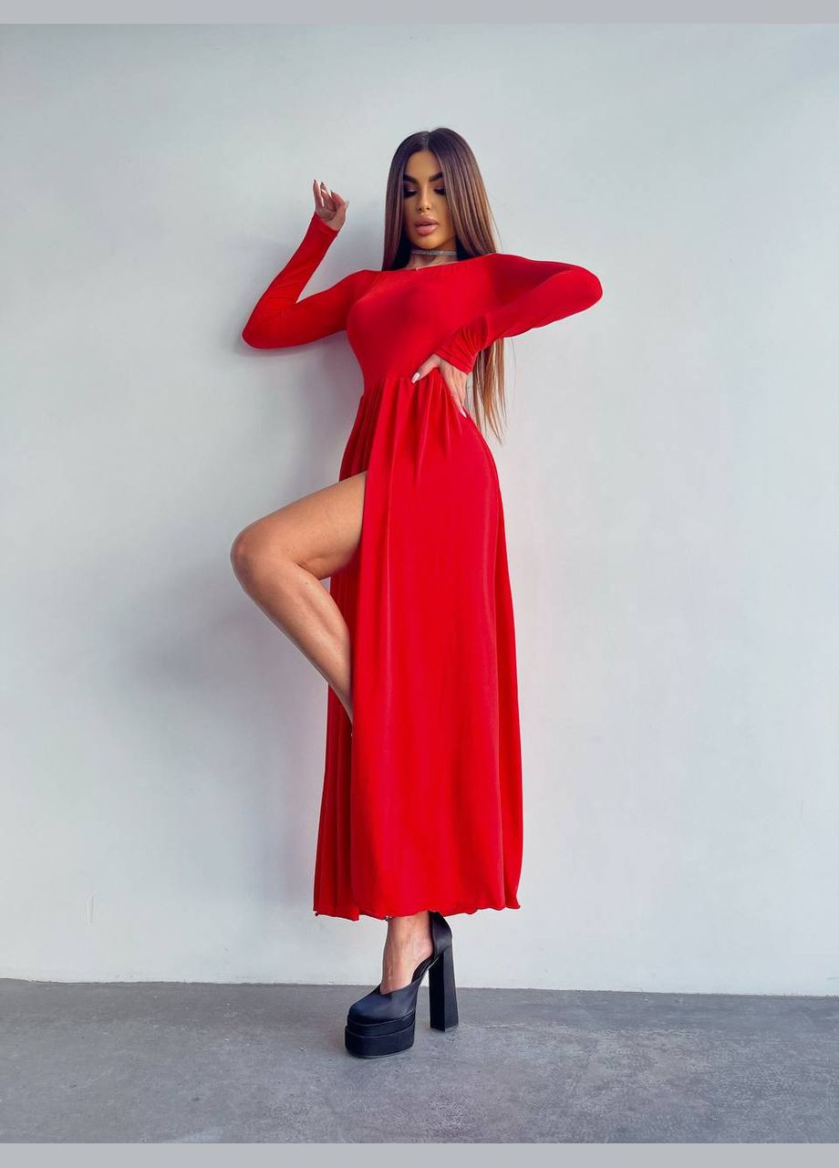 Червона красива червона сукня-максі з відкритими плечима та довгим рукавом, довга трикотажна сукня з розрізом від стегна No Brand
