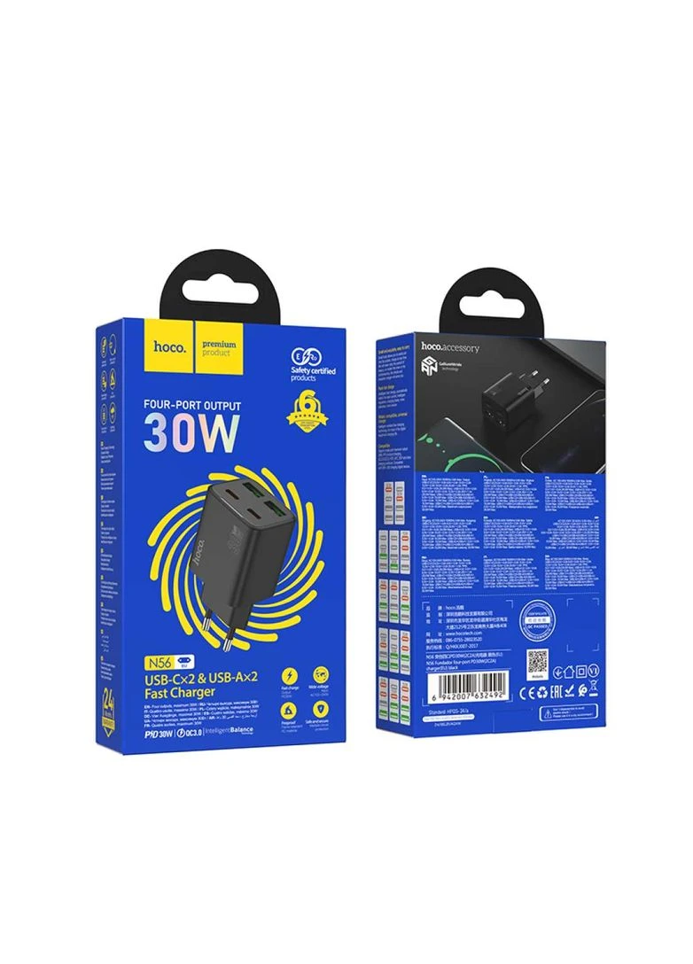 Сетевое зарядное устройство PD30W(2C2A) charger(EU) Black (6942007632492) Hoco N56 Fundador four-port (362219472)