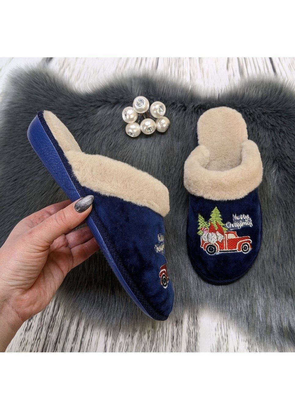 Синие тапочки домашние женские Белста с вышивкой