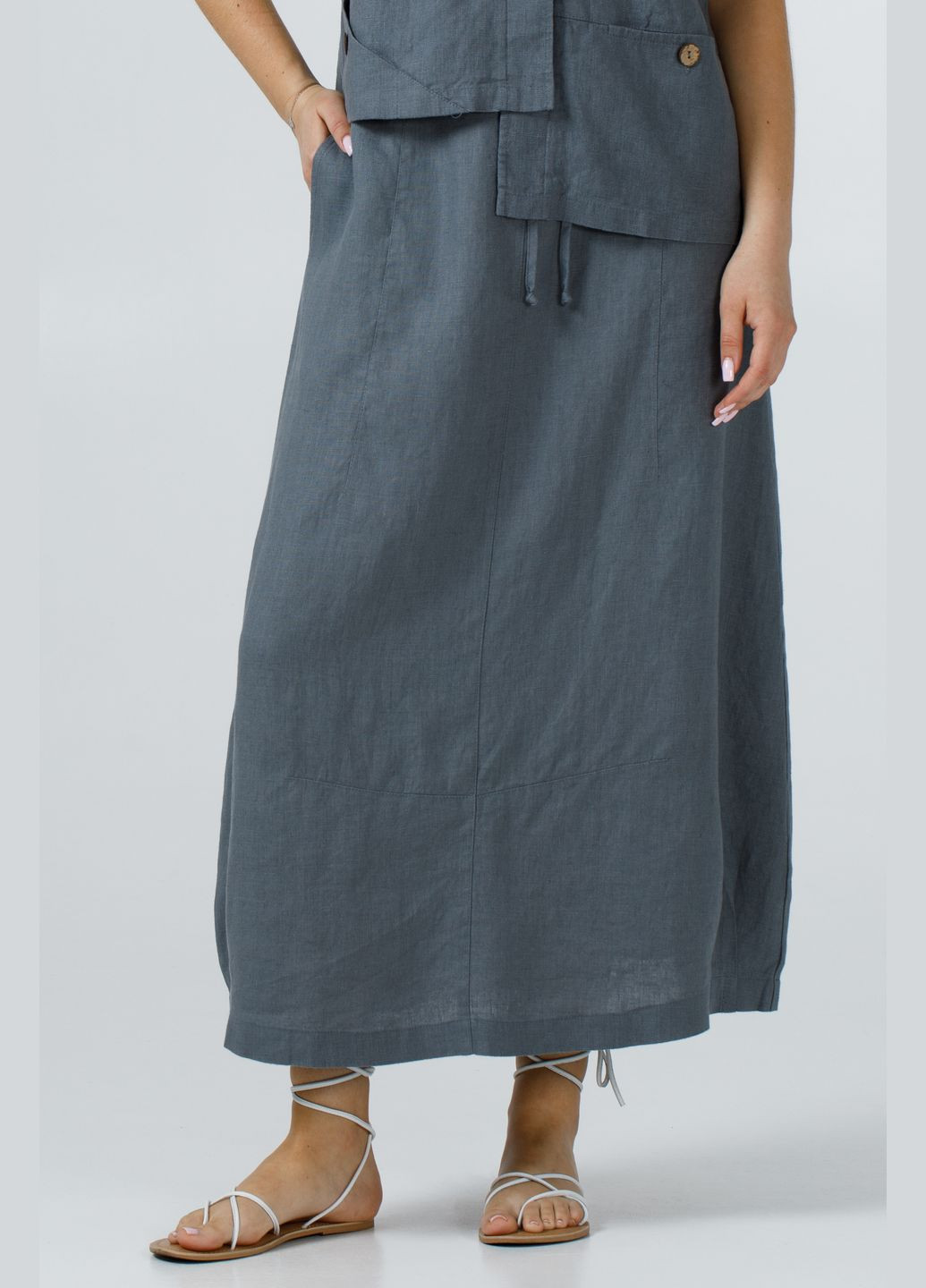 Жіноча спідниця з льону в стилі бохо однотонна на резинці та зав'язці з кишенями Даная., р., код 7420/52/999 ГАЛЕРЕЯ ЛЬОНУ (343051484)