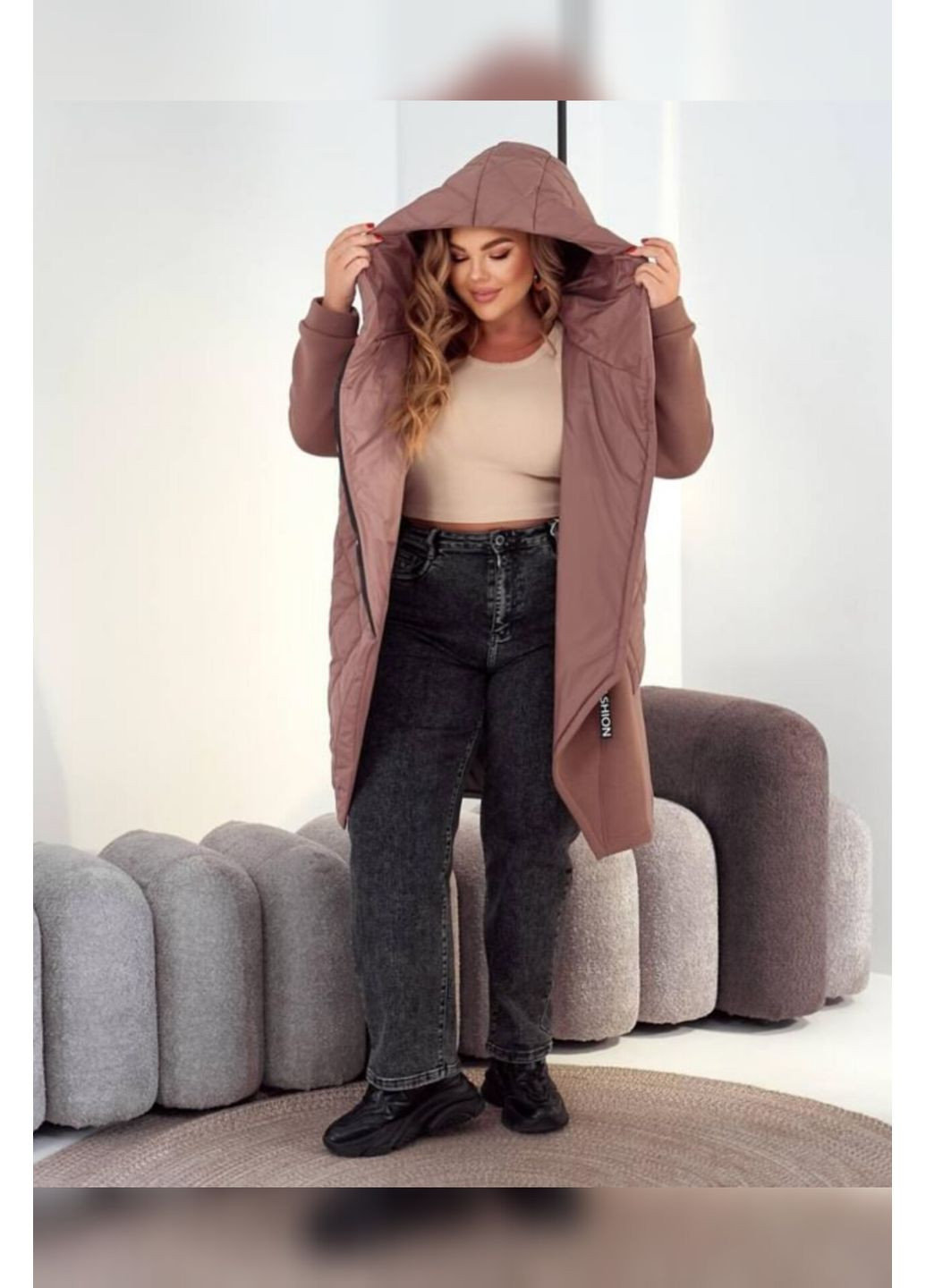 Кардиган жіночий утеплений батал з кишенями і капюшоном мокко Boni Кардиган (358888088)