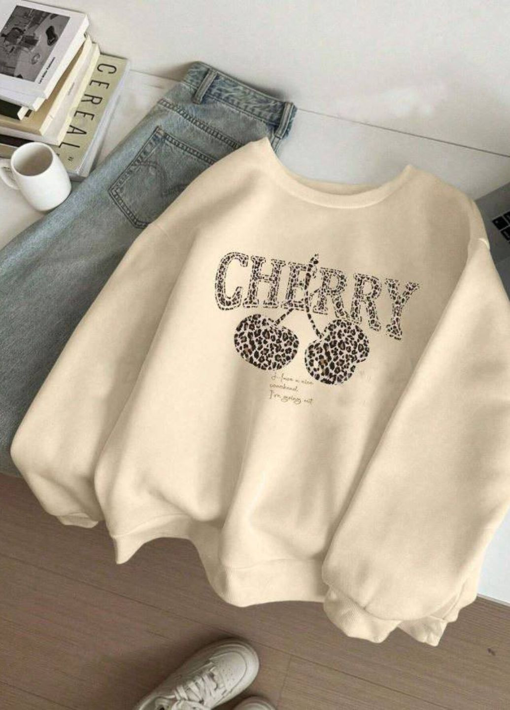 Светло-бежевый базовый оверсайз свитшот с принтом спереди Allthings надпись без декора (315388336)