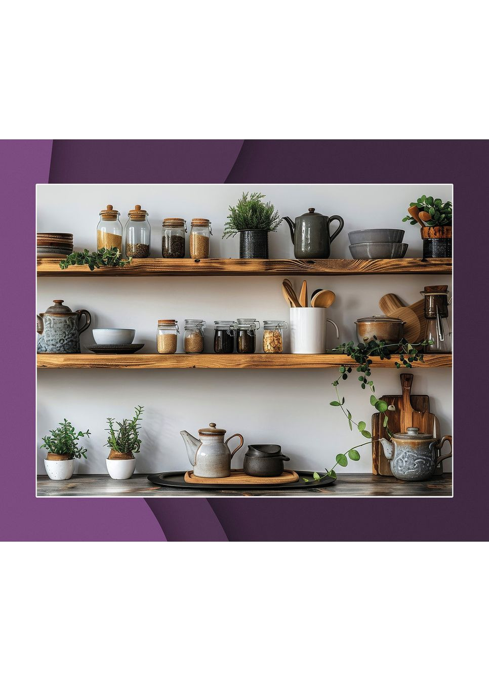 Вініловий фотофон кухонний, стіна з дерев’яними полицями і темна дерев’яна підлога, фон 140×210 см, №57286 PhotoVinyl (354715266)