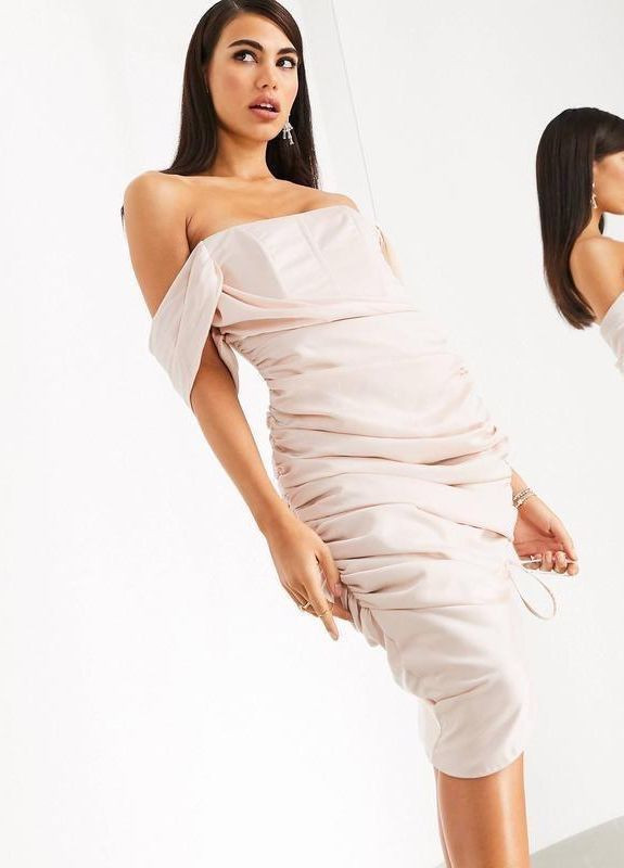 Рожева пудрова атласна сукня міді з корсетним ліфом edition Asos