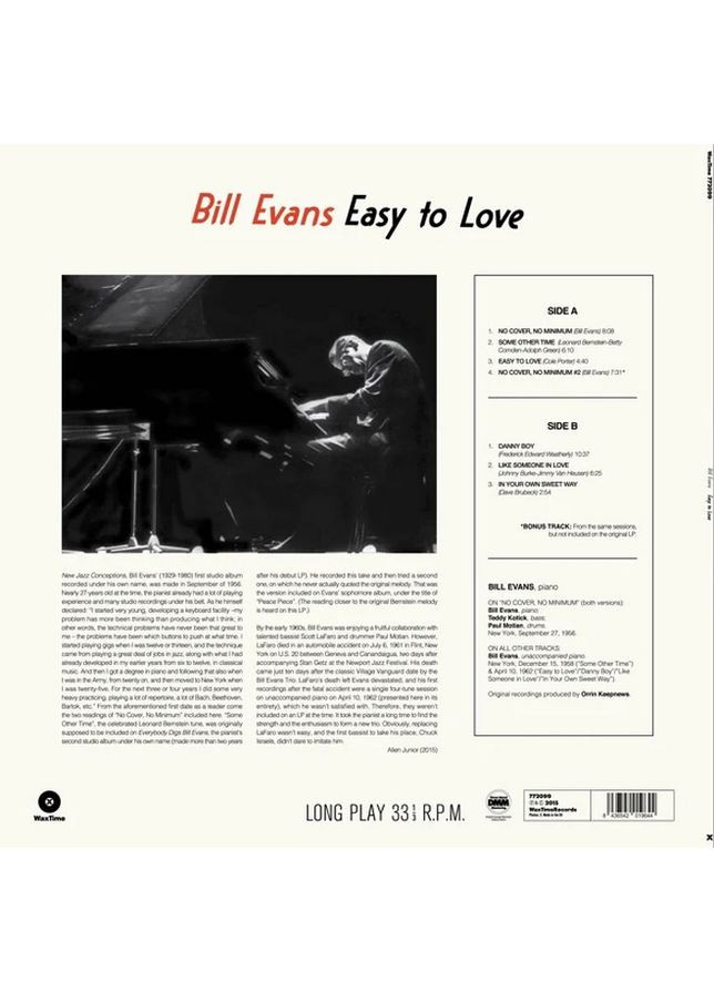 Вінілова Платівка Bill Evans – Easy to Love (LP, Compilation, Limited Edition, Reissue, Remastered, 180g, Vinyl) (8436542019644) No Brand (369738392)