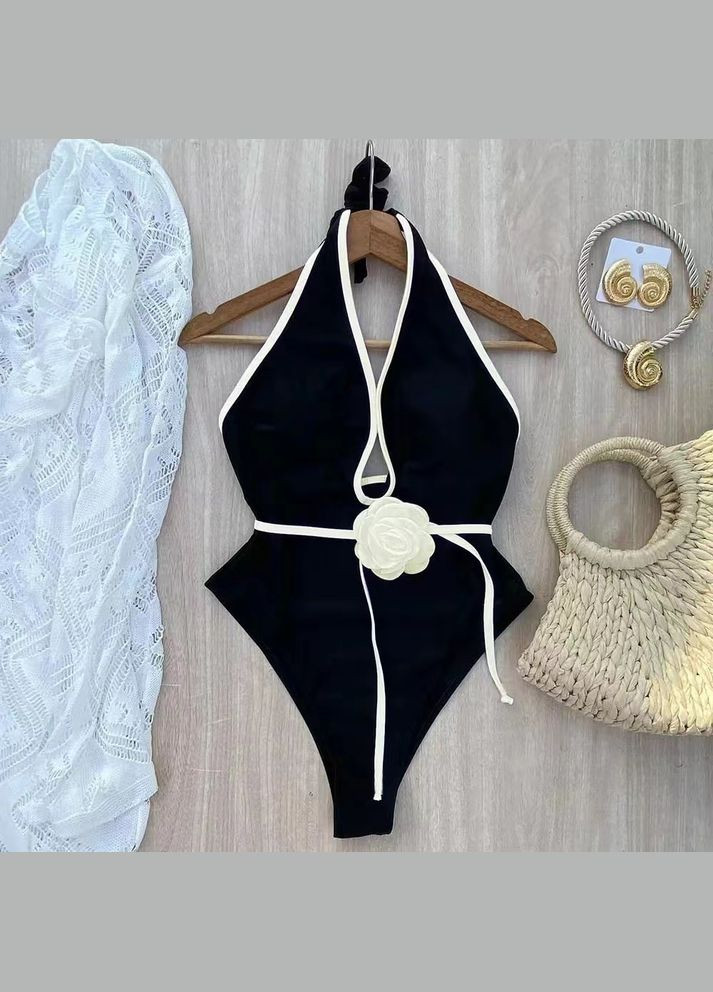 Черно-белый демисезонный купальник сплошной черный, с белыми полосками и цветком. слитный No Brand 1727