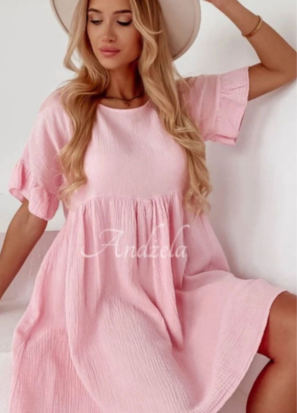 Розовое повседневный однотонное летнее платье из муслина бэби долл No Brand однотонное