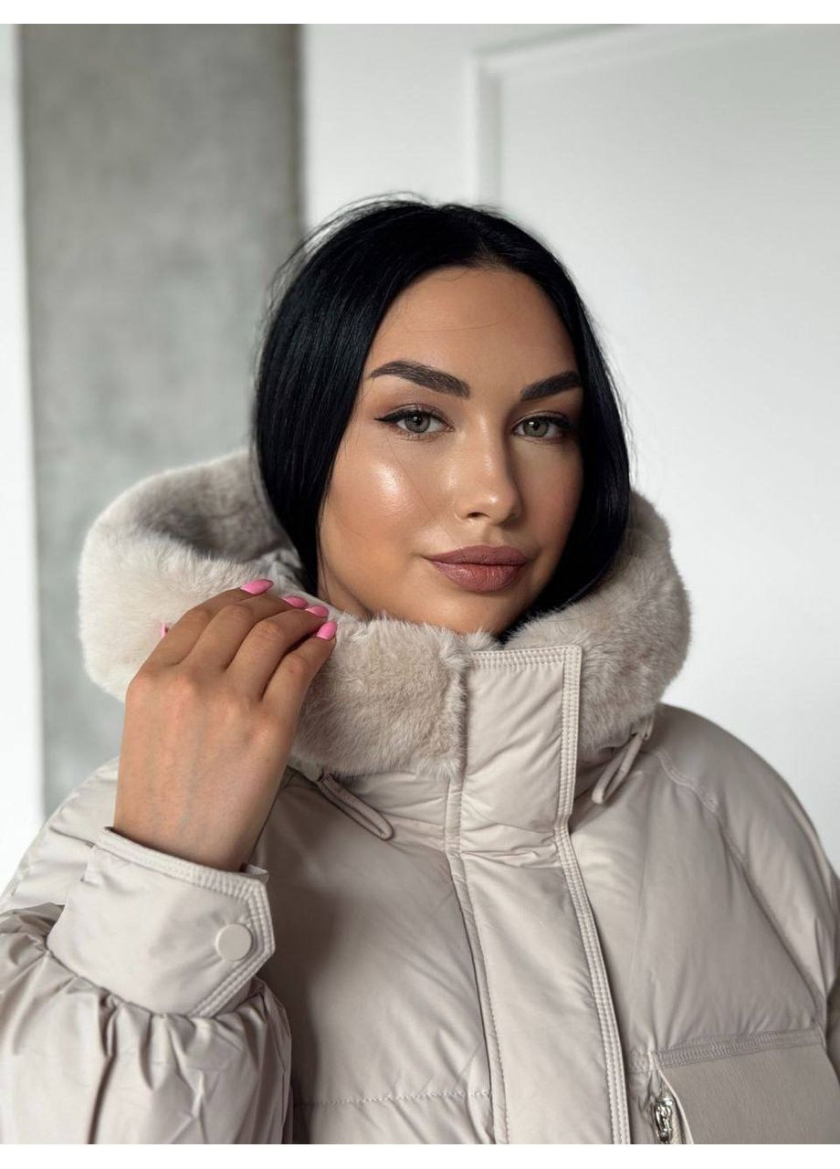 Бежевая зимняя зимняя женская куртка с капюшоном и 100% мехом — замеры в описании куртка-пальто DK/DL Мода без кордонів