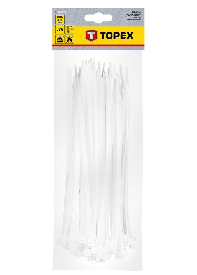 Стяжки (4.8х1.1х200 мм, 75 шт) белый пластик (25349) Top Tools (327874557)