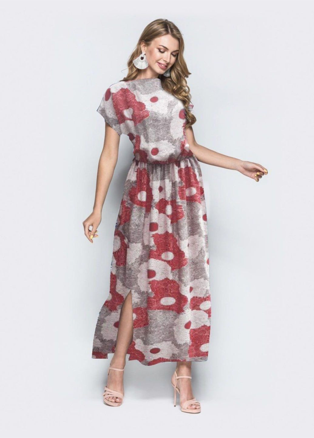 Серое кэжуал принтованное платье приталенного кроя с разрезом серое Dressa с цветочным принтом