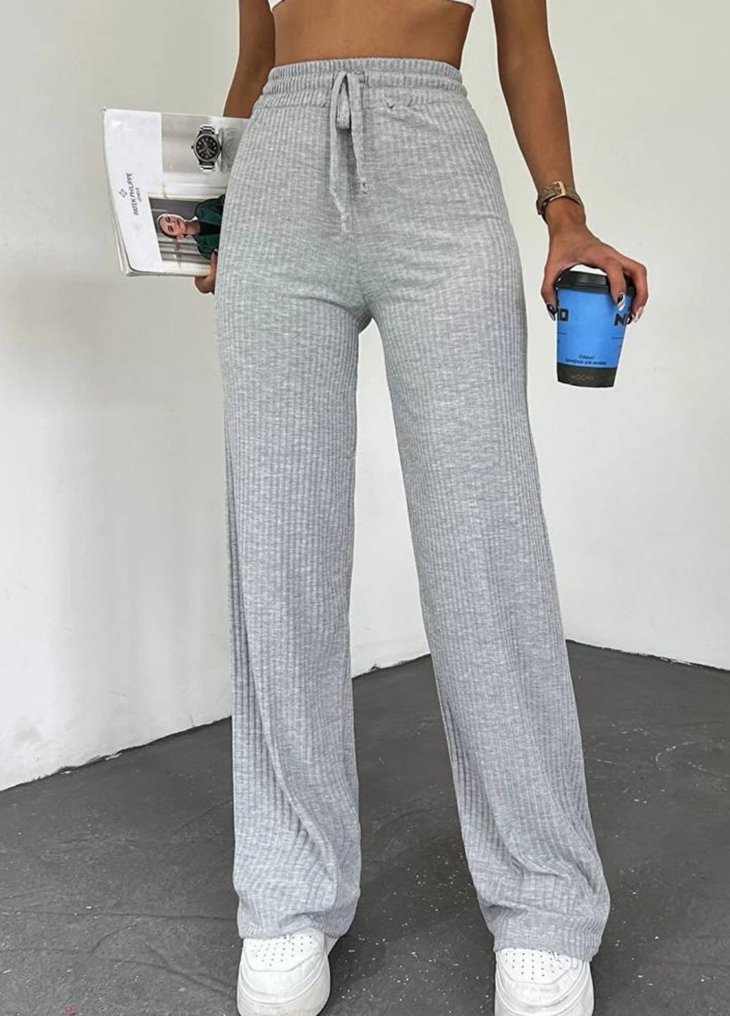 Базові повсякденні штани палаццо в рубчик високої посадки Україна (328558936)