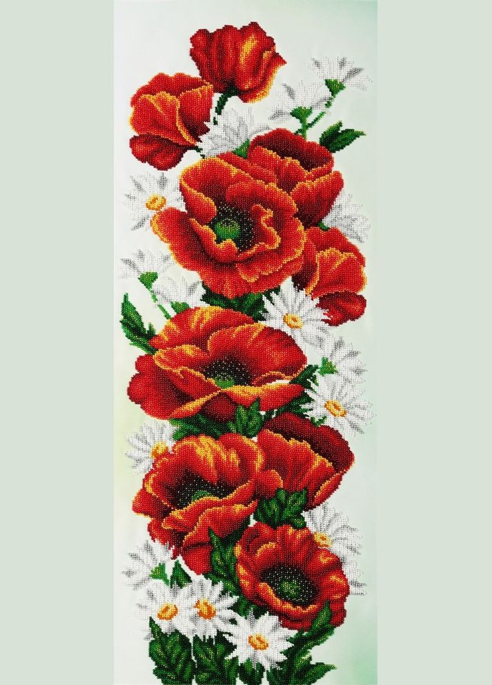 Набір для вишивки бісером "Червоні маки" букет, квіти, ромашка, поле, сад, часткова викладка, Чехія, 27x68 см ВДВ (294613986)