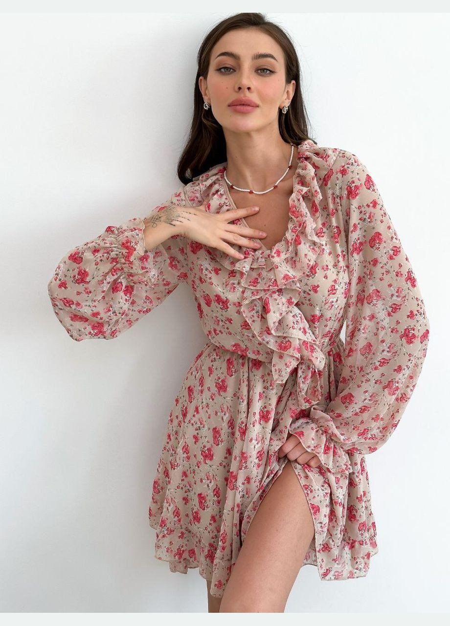 Розовое красивое розовое платье из принтованного турецкого шифона, короткое платье с длинным рукавом и поясом в размере 42-46 No Brand