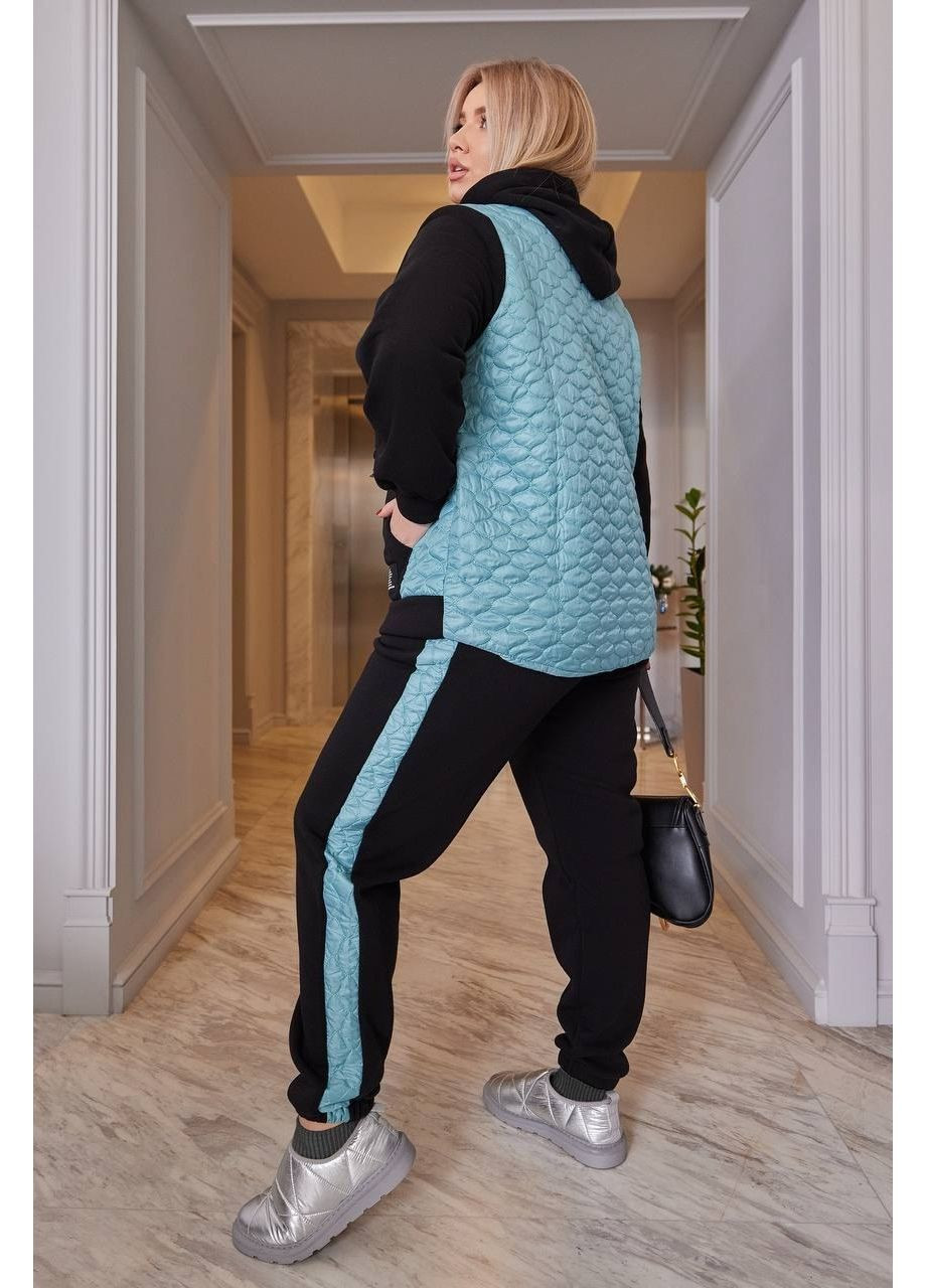 Жіночий костюм батал утеплений чорний з бірюзовими вставками тринитка фліс з капюшоном демісезонний Bonita Спортивний костюм (361205248)