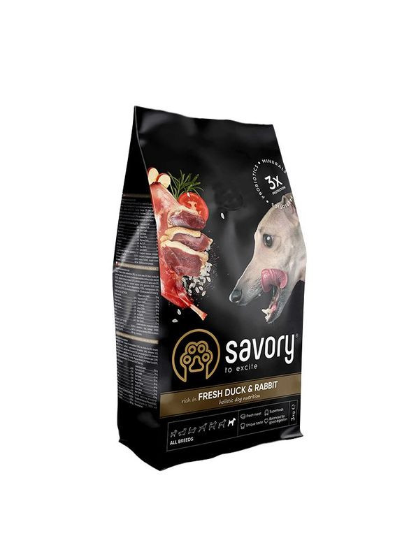 Сухий корм для собак усіх порід зі свіжим м'ясом качки та кроликом 3 кг (4820232630174) Savory (364788294)
