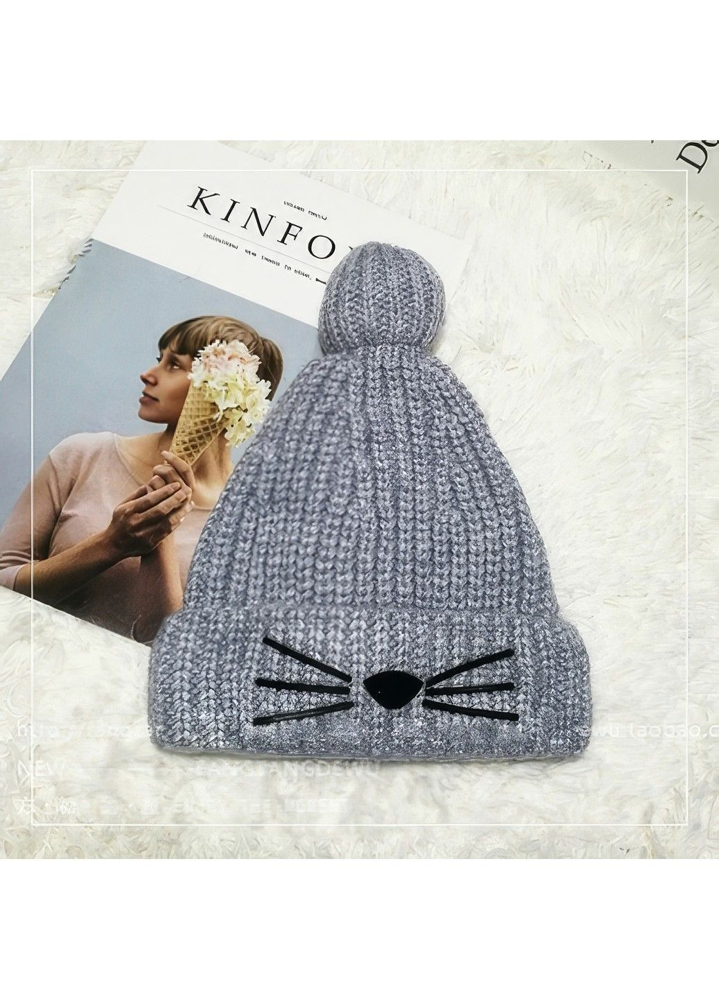 Шапка жіноча тепла в'язана з помпоном сіра No Brand (304427443)