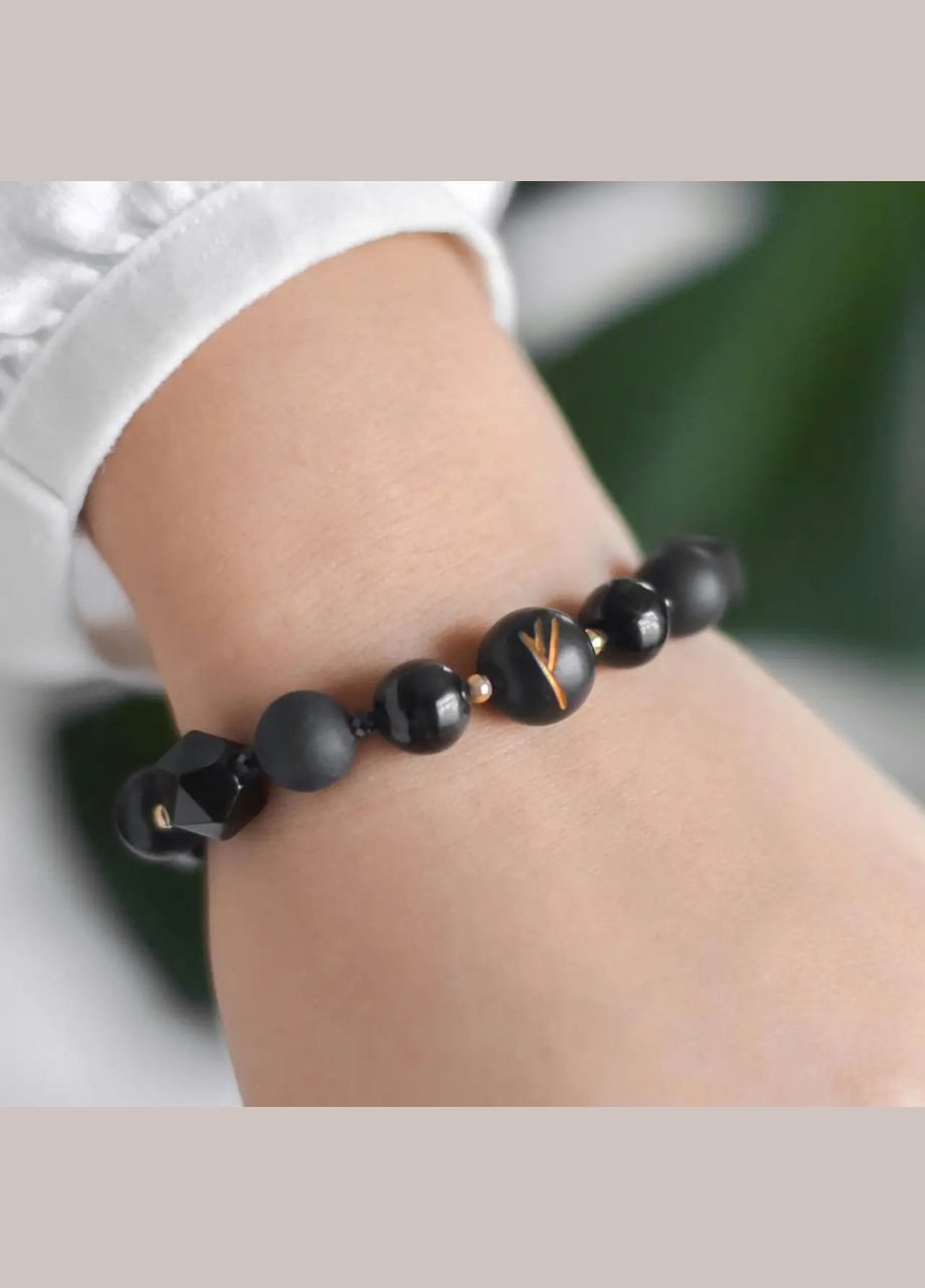 Браслет руна Феху натуральний Гіперстен, Шунгіт, Обсидіан, Нефрит Бянь Ши +вставки Шпінель d-10-3мм+- L-17-18см No Brand Браслет (331145986)