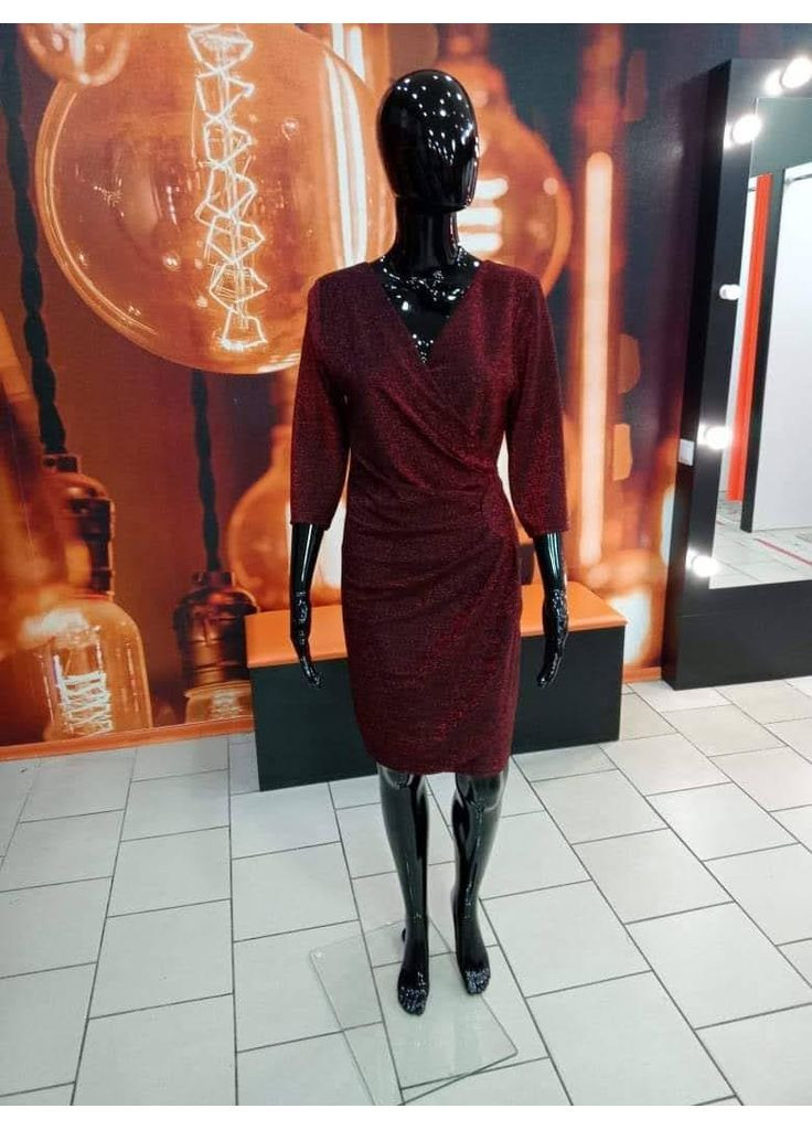 Бордовое платье до колен вечернее люрекс на запах рукава 3/4 s-m бордовое No Brand