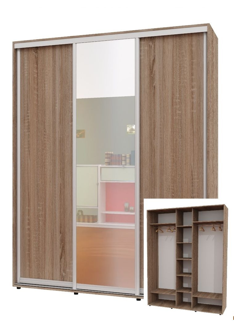 Шафа-купе тридверна 200*60*250 см Дуб Сонома трюфель 3 двері ДСП + Дзеркало + ДСП ШК-04 Алекса (360460319)