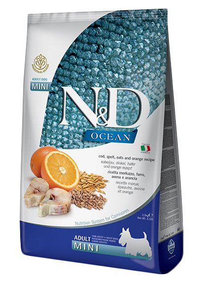 Низкозерновой сухой корм для собак мелких пород N&D Ocean с треской и апельсином 800 г (8010276036582) Farmina (293276943)