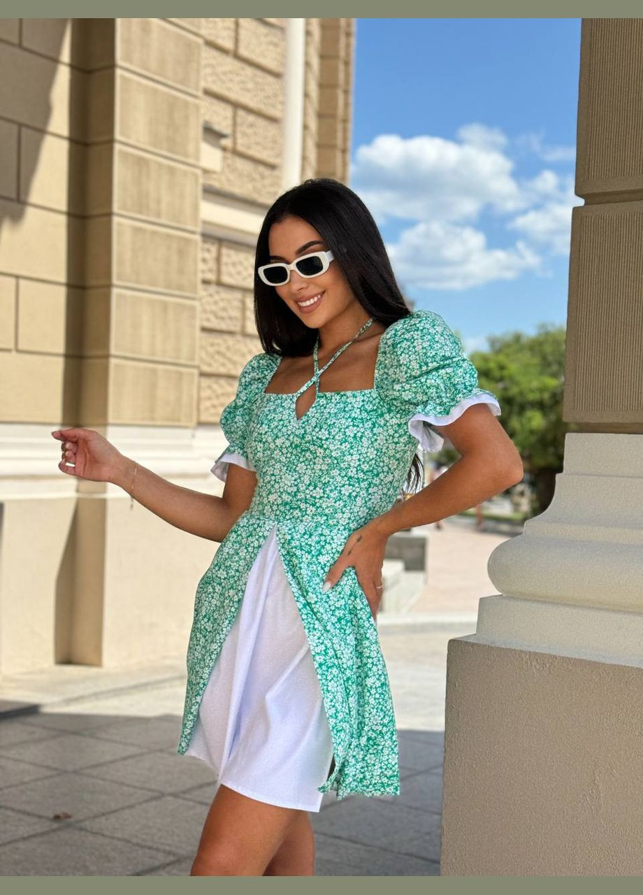 Зелена повсякденний жіноча сукня міні з розрізом у квітковий принт а-силует Україна з квітковим принтом