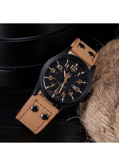 Чоловічий наручний годинник кварцовий з чорним корпусом і світло-коричневим ремінцем (sku_328) No Brand (350906547)