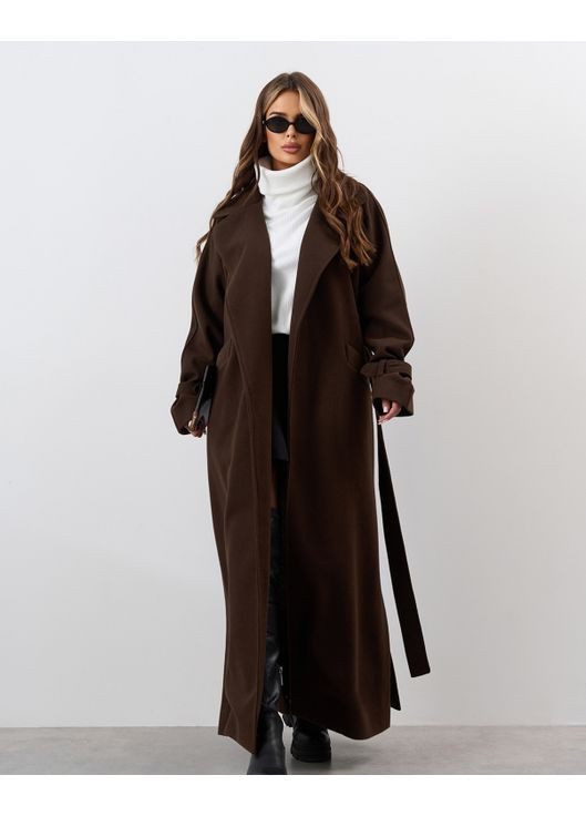 Темно-коричневе демісезонне Довге кашемірове пальто із розрізами оверсайз ISSA PLUS