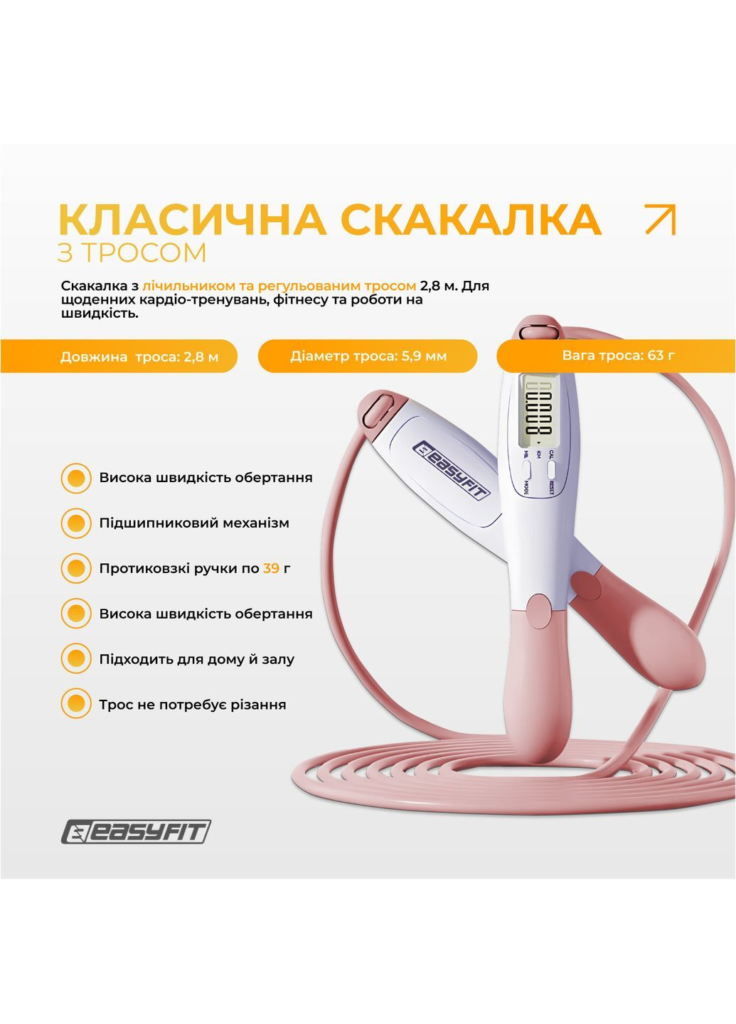 Скакалка без шнура TwinRope со счетчиком 2,8 м белый-розовый EasyFit (369393973)