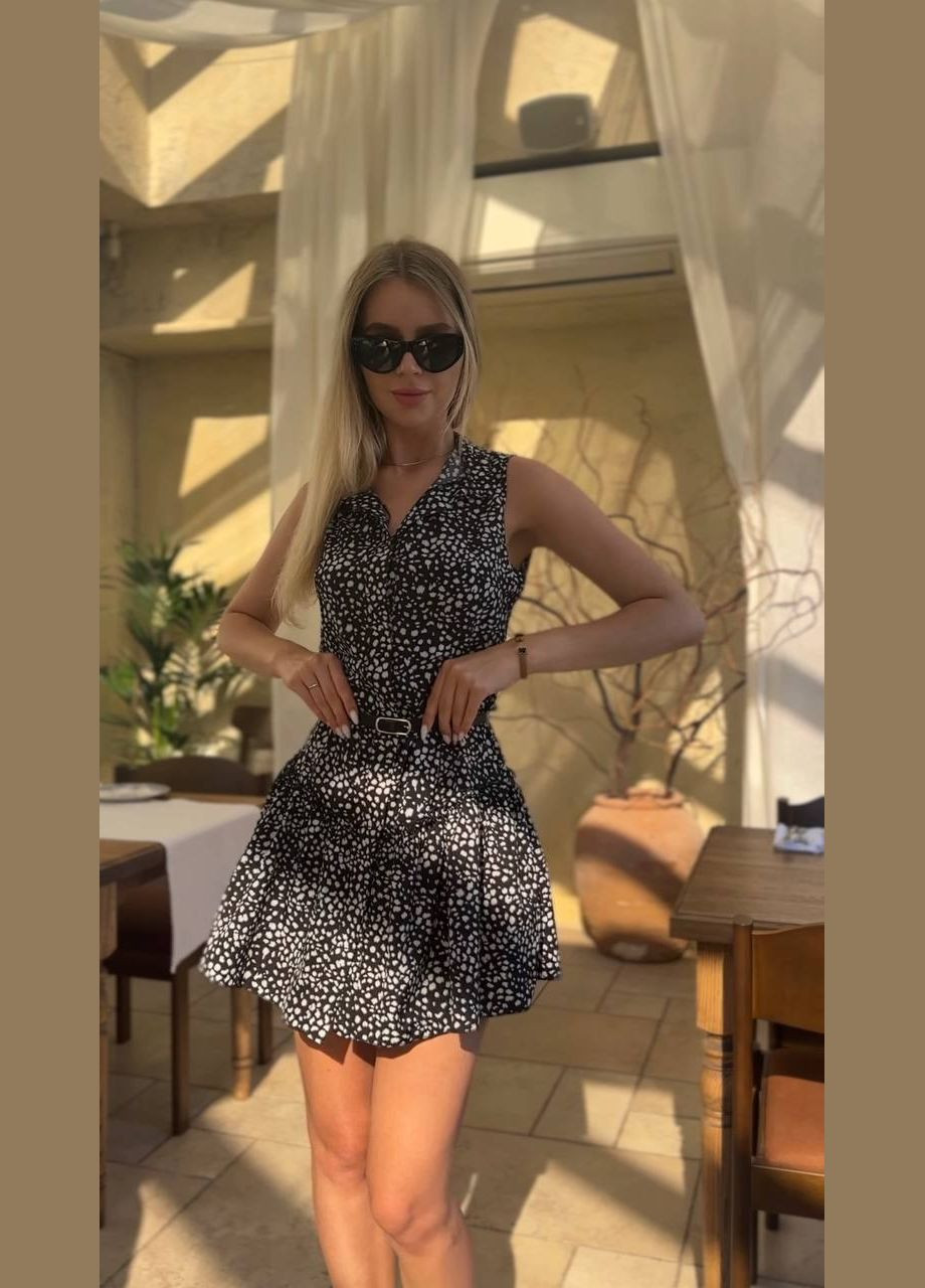 Чорна ніжне чорне в горошок літнє плаття із софту без рукава, повсякденне легке плаття із поясом у комплекті No Brand