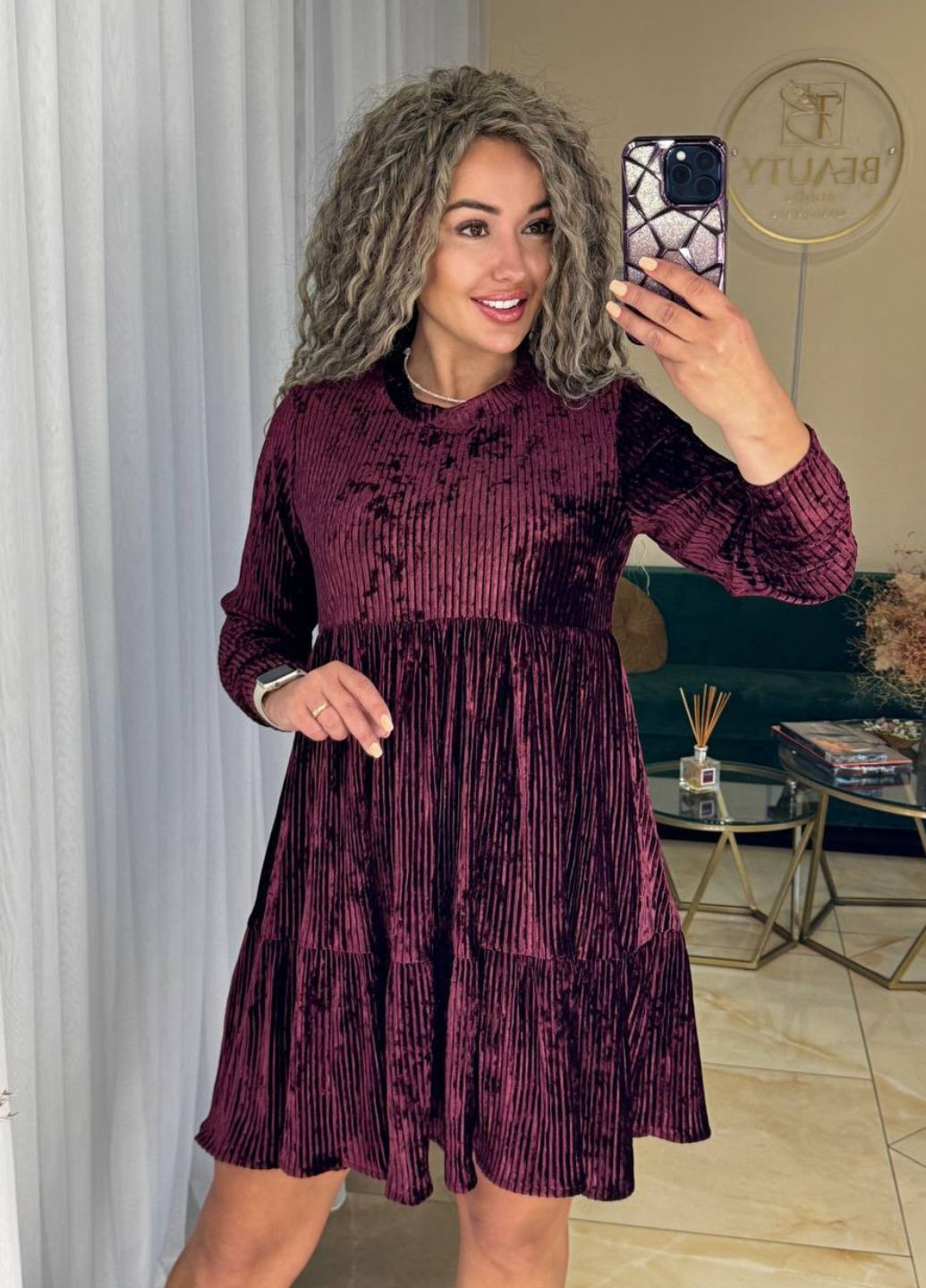 Бордова повсякденний стильна гофровано-велюрова сукня No Brand однотонна