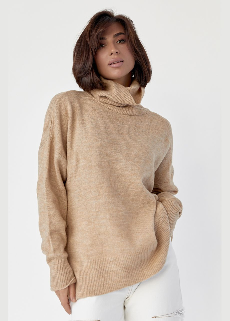 Світло-коричневий демісезонний жіночий светр oversize з розрізами з боків 06010 Lurex