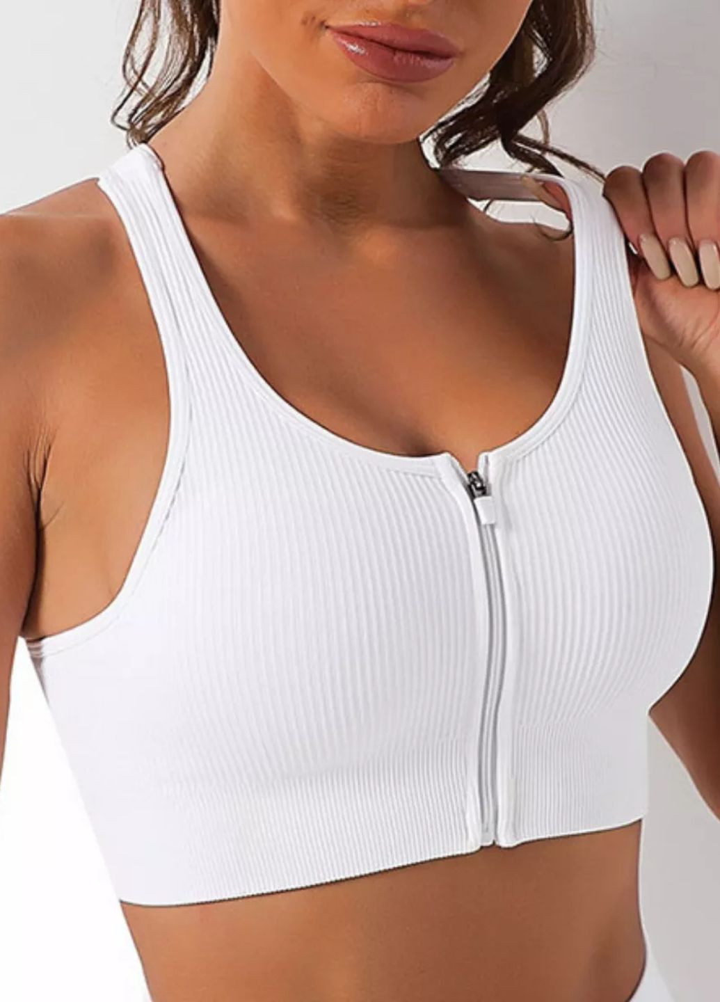 Белый спортивный бра из рубчатой ткани на молнии (70077) FitFiesta (329193874)