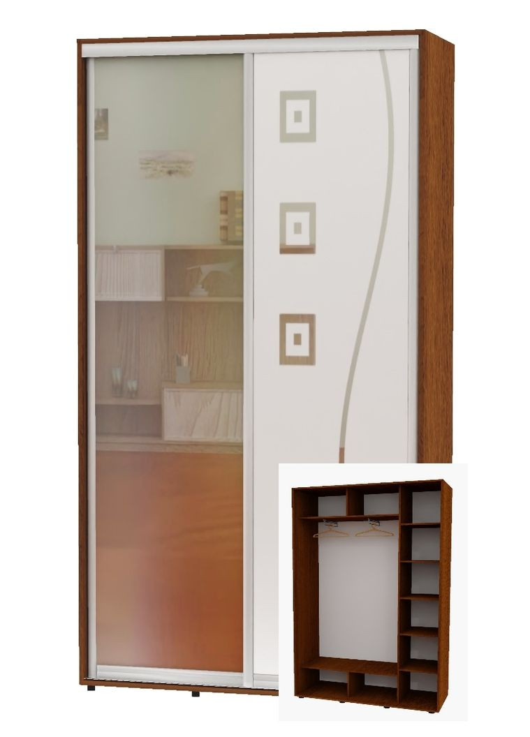 Шкаф-купе двухдверный 140*45*220 Орех лесной Зеркало/Зеркало с пескоструйным рисунком Алекса (360462913)