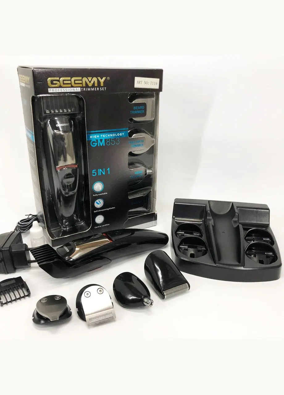 Машинка для стрижки 5в1 Geemy GM-853 стайлер, бритва, триммер на аккумуляторе нержавеющая сталь 6 насадок Kemei (364663590)