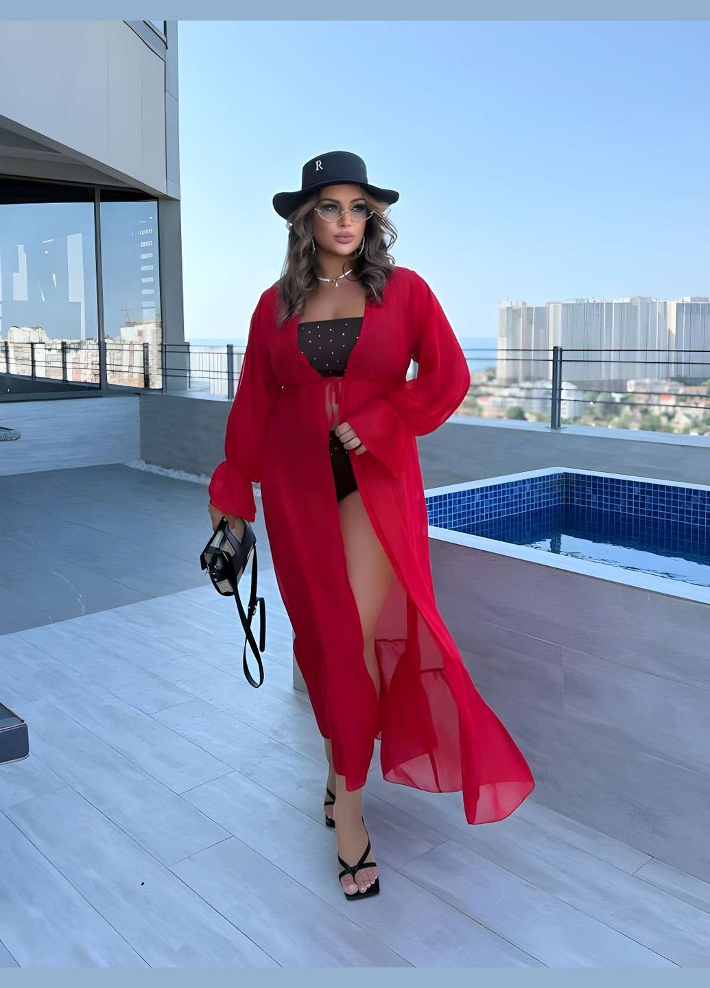 Женская летняя яркая пляжная туника халат парео шифоновая красная Україна (345557350)