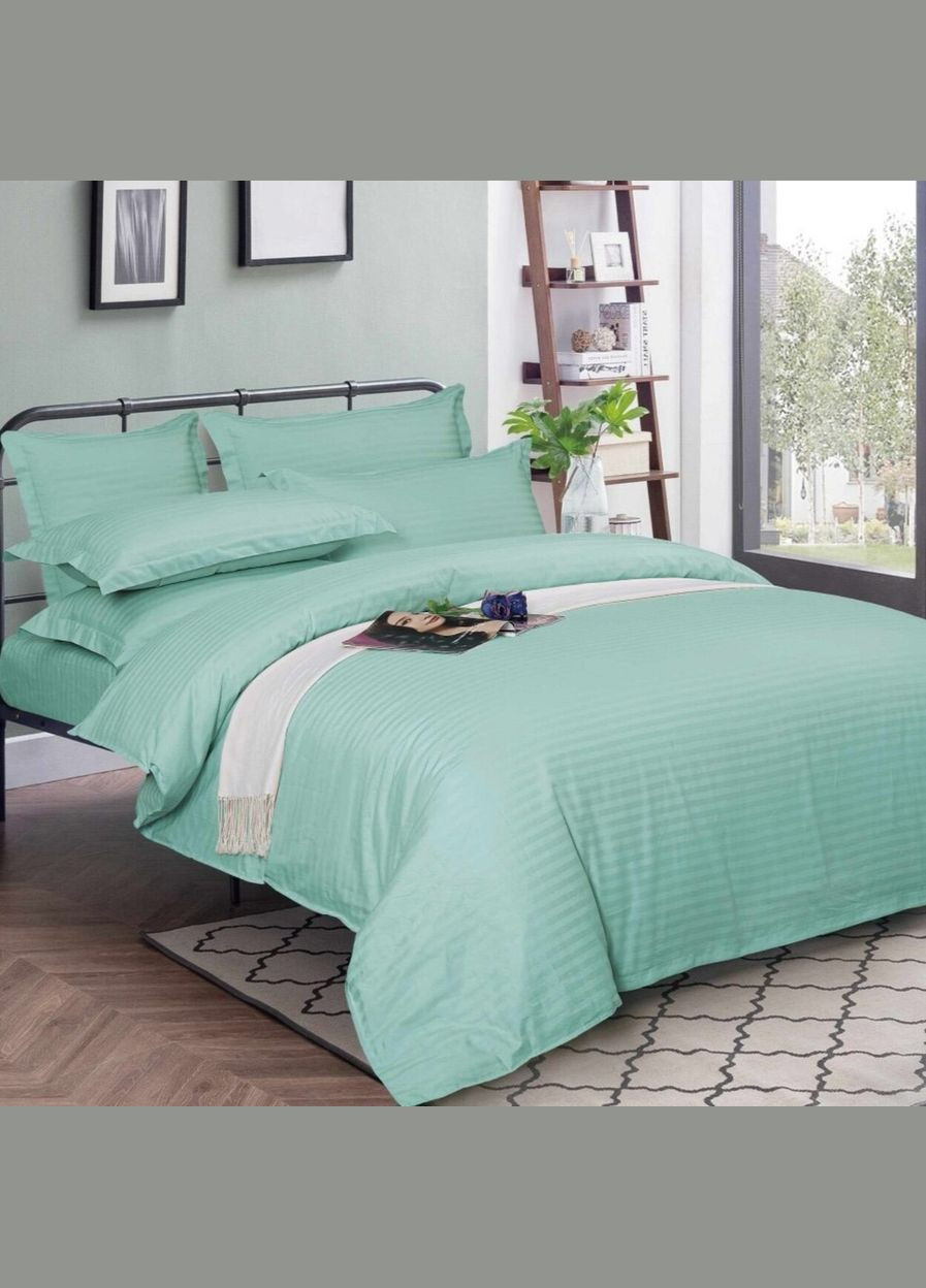 Комплект постельного белья семейный на резинке Страйп сатин мятный 555409 Ananasko (330642427)
