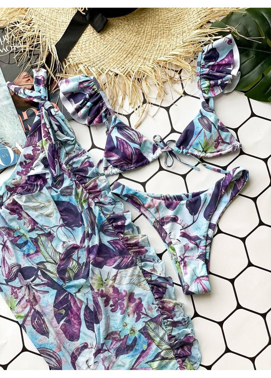Комбінований літній купальник жіночий з тунікою квітковий / купальник жіночий літній з накидкою / купальник жіночий двочастинний з парео No Brand