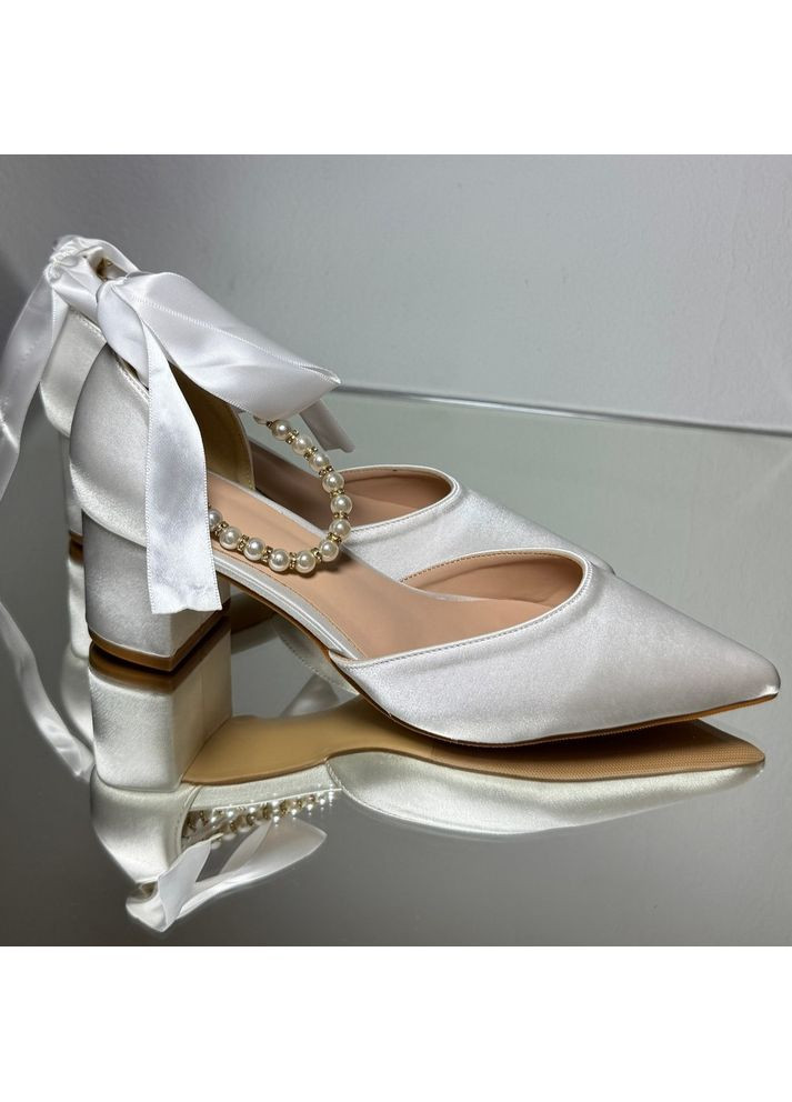No Brand Жіночі туфлі Весільні атласні ремінцем з перлами та з брошкою перли квітка (знімається) 5 см білий з текстиль, — (351394491)