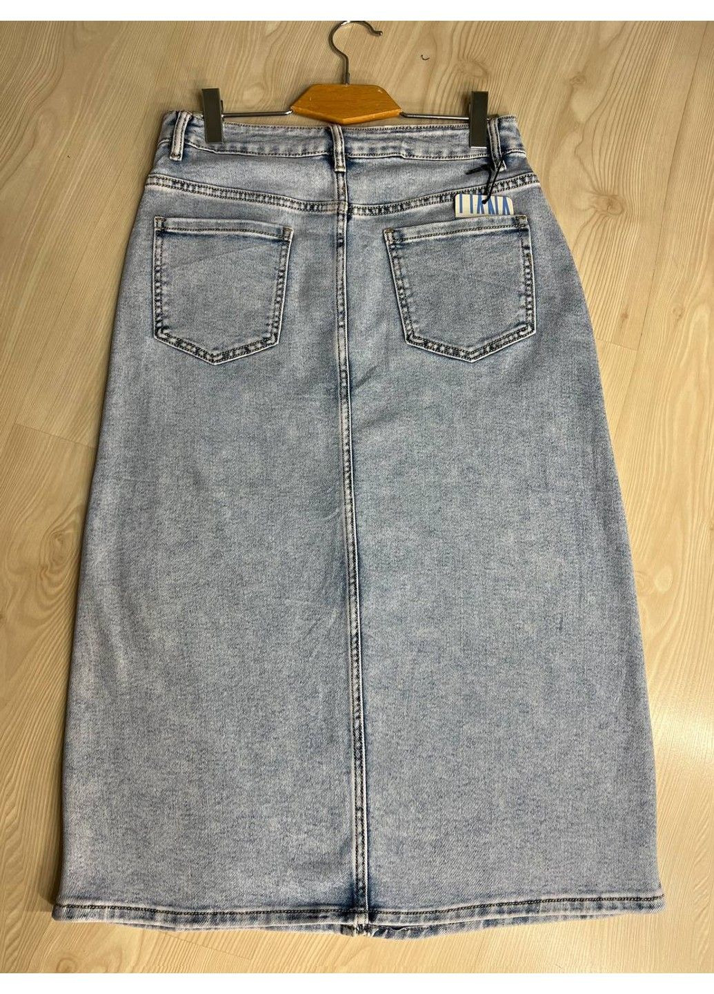 Спідниця жіноча джинсова Liana 421 розсип камінців пряма розріз попереду стрейчева великі розміри блакитна Lian (327308786)