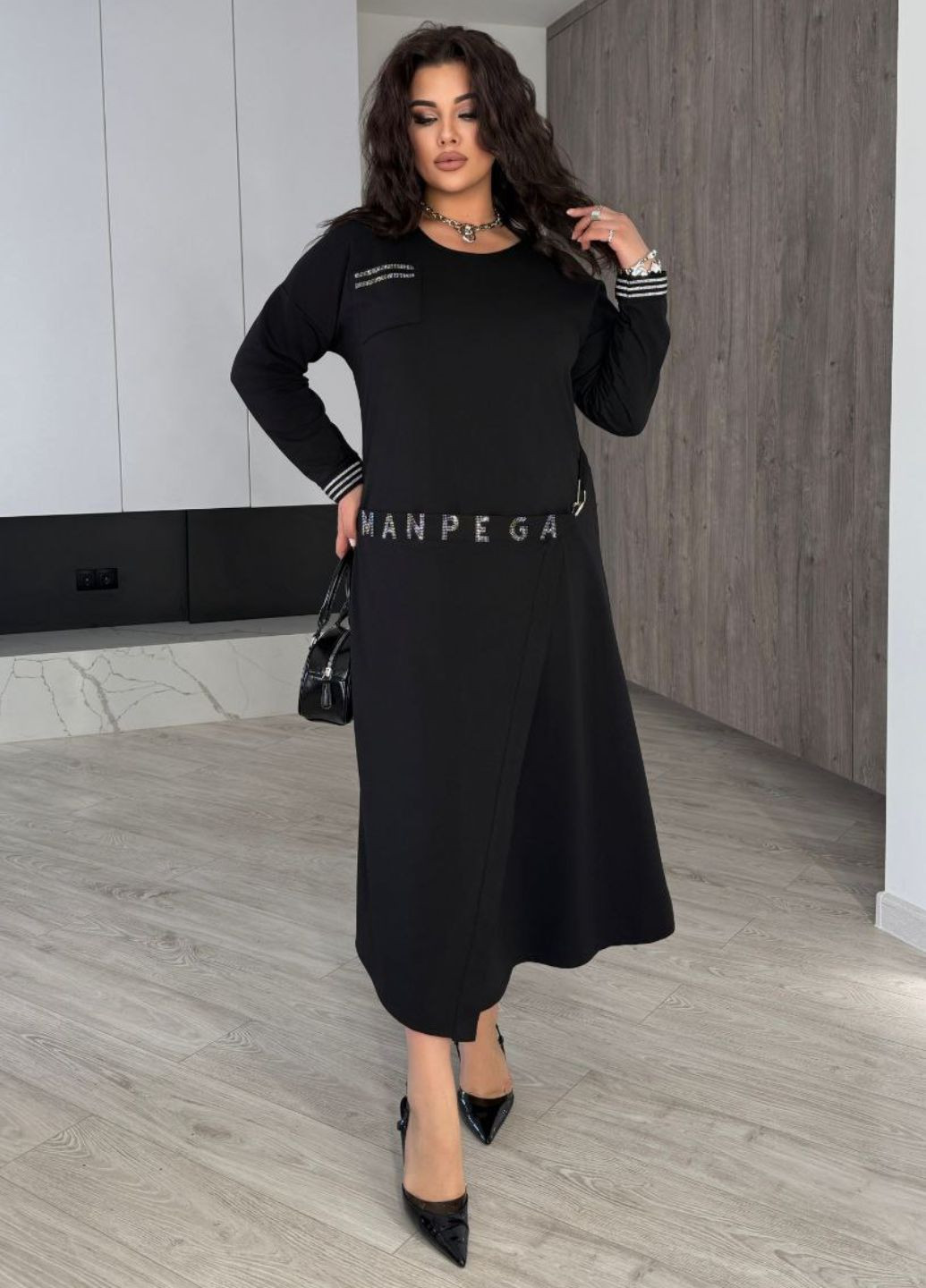 Черное повседневный платье меди, юбка с имитацией на запах Tik-Tak